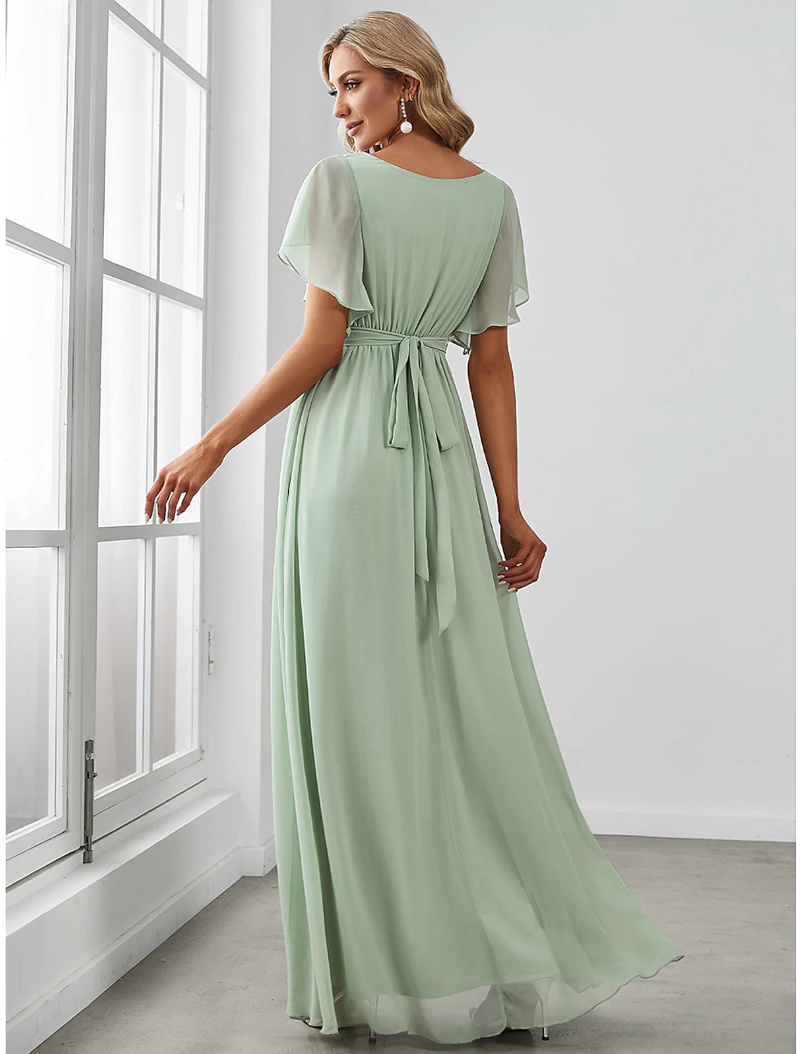 Wholesale A-Line Bridesmaid Dress V Neck Short Sleeve Elegant Stretch Chiffon with Ruffles